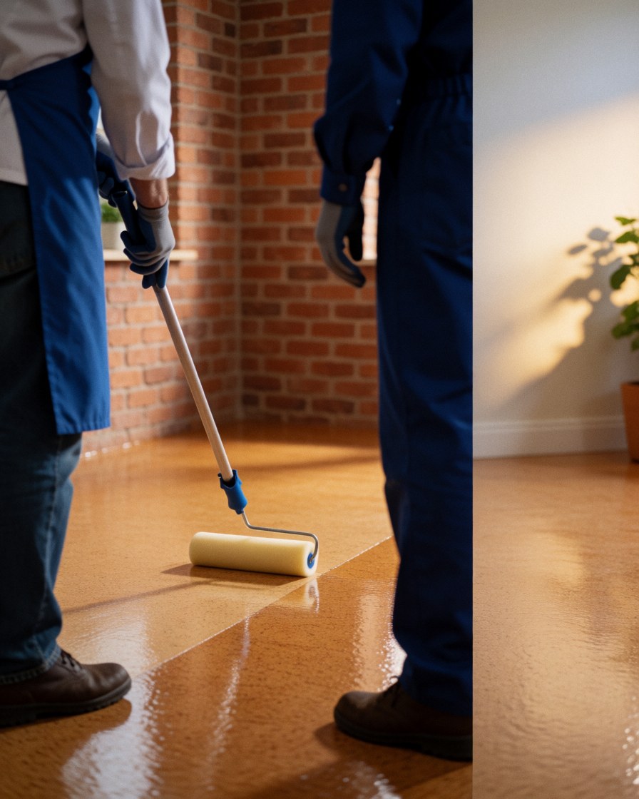 A worker uses a foam roller to apply sealer to a shiny cork floor in a room with a brick wall, leaving space for text.