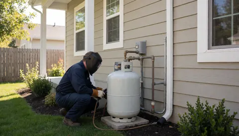 Technician connecting pipes to a residential gas tank mounted on an exterior wall
