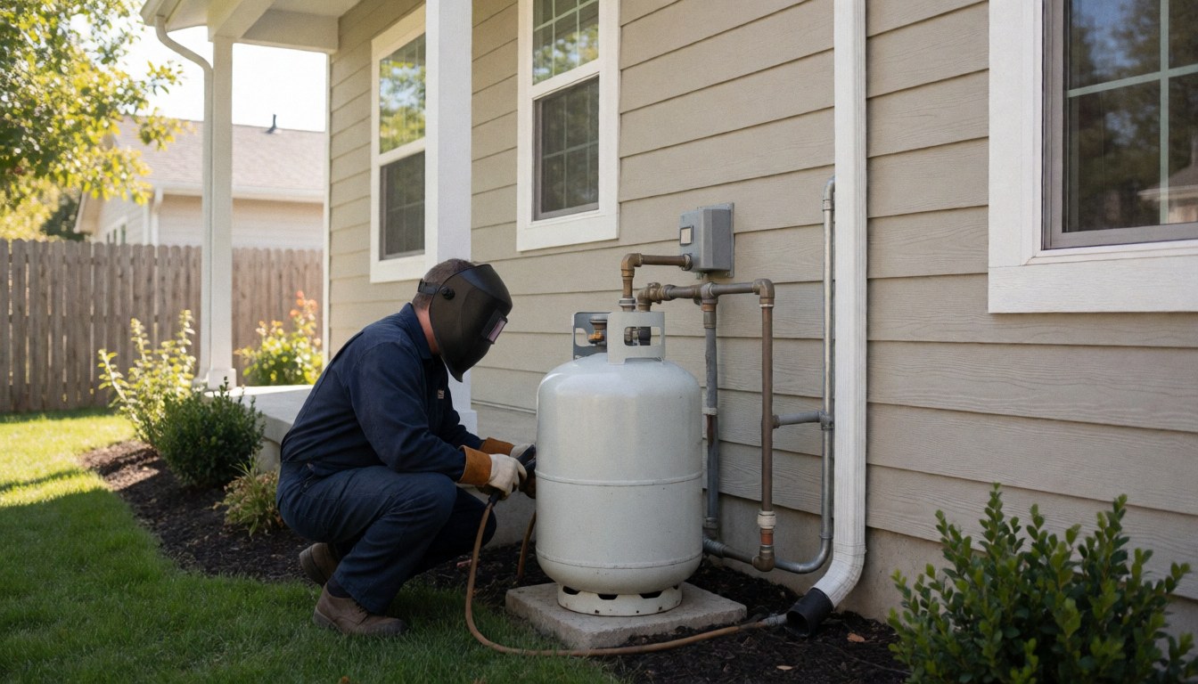 Technician connecting pipes to a residential gas tank mounted on an exterior wall