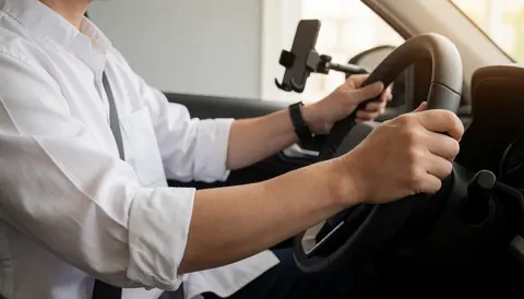 Close-up of a driver's hands on the steering wheel inside a car with a warm interior light and a phone holder.