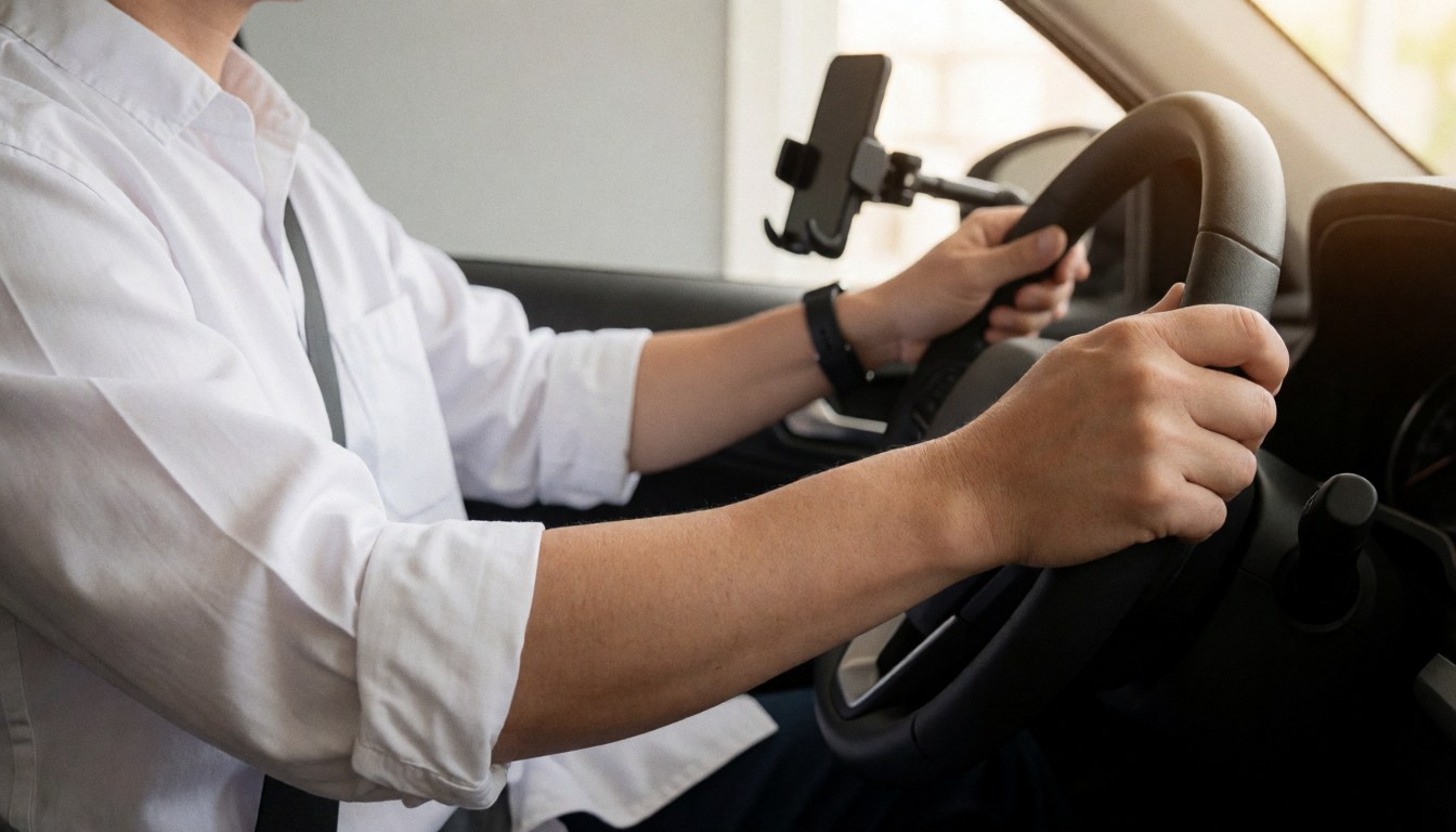 Close-up of a driver's hands on the steering wheel inside a car with a warm interior light and a phone holder.