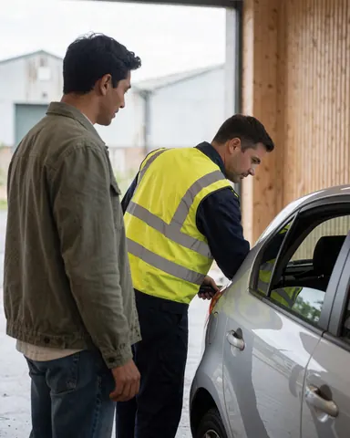Technician in reflective vest inspecting a silver car in an industrial workshop with wooden walls