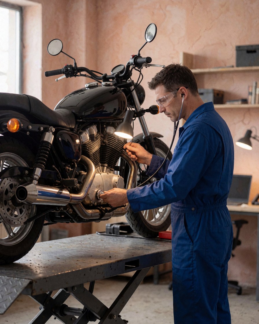 Mechanic in blue coveralls inspects black motorcycle engine with stethoscope in workshop