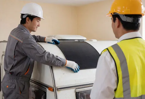 Technician wearing helmet and gloves installs black solar panel on white camper roof while another technician observes closely