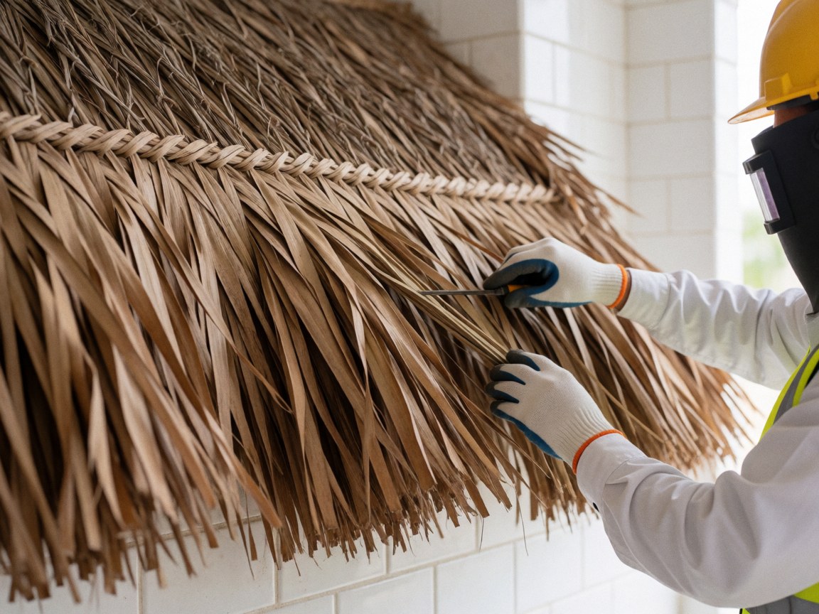 Gloved hands securing palm fronds on a palapa roof with white tiled walls, showing construction details in Yucatan.