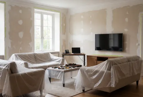 Living room with patched plaster walls, furniture covered in plastic, and repair tools on a table