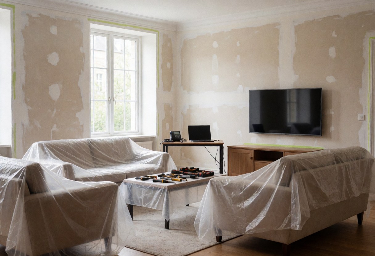 Living room with patched plaster walls, furniture covered in plastic, and repair tools on a table
