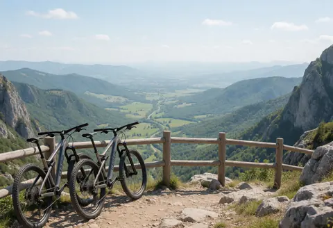 Two mountain bikes leaning against a wooden railing with a panoramic view of mountains and a green valley under a clear sky