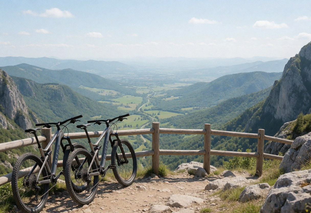 Two mountain bikes leaning against a wooden railing with a panoramic view of mountains and a green valley under a clear sky