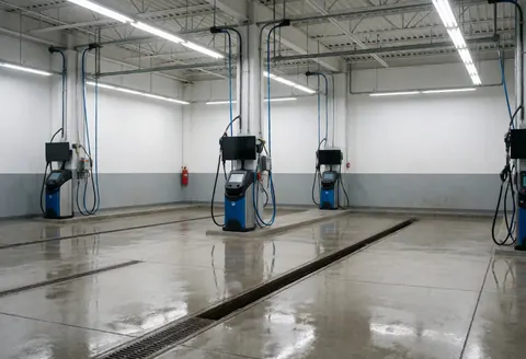 Empty car wash facility featuring multiple washing stations, polished floor with drainage, and bright fluorescent lighting for professional business use