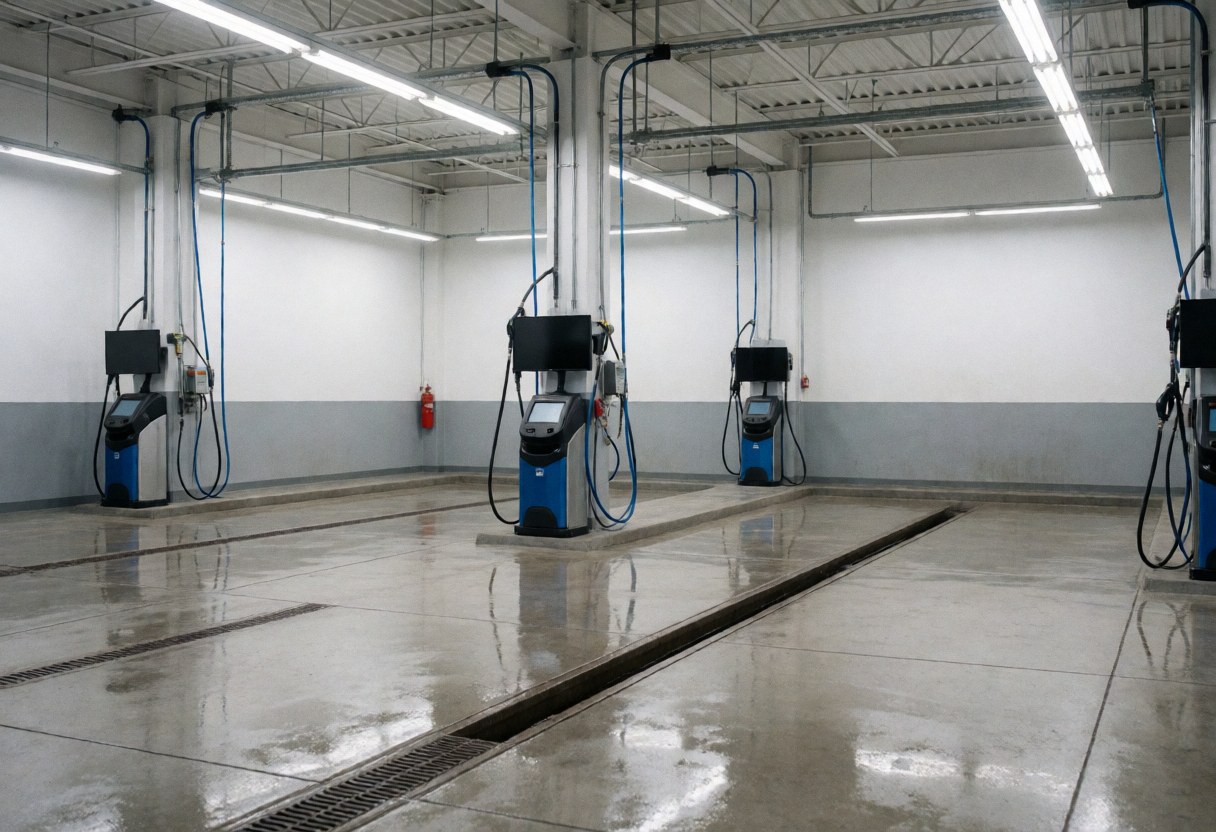 Empty car wash facility featuring multiple washing stations, polished floor with drainage, and bright fluorescent lighting for professional business use