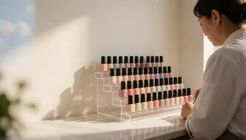 Nude manicure powder in acrylic display case on white marble counter with warm natural light