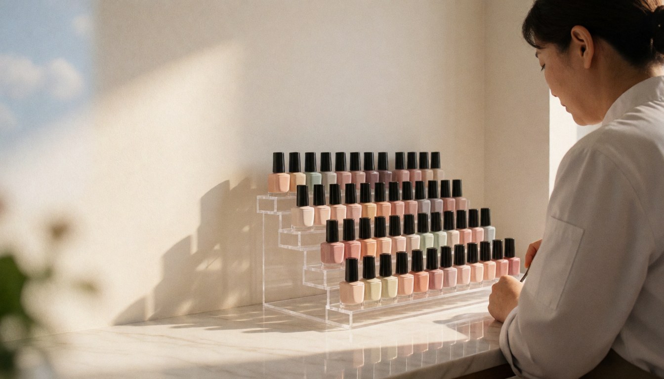 Nude manicure powder in acrylic display case on white marble counter with warm natural light