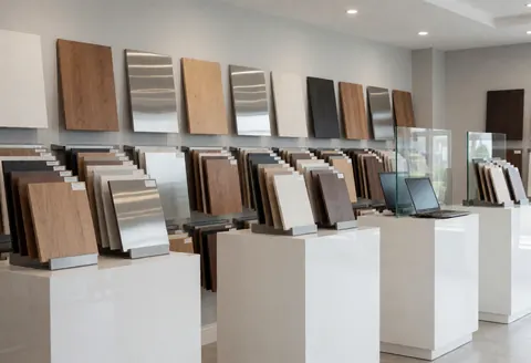 Wood and metal staircase samples displayed on white pedestals against light gray walls with bright lighting.