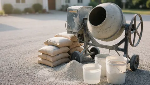 Concrete mixer on gravel with cement bags and water buckets, ideal for construction business backgrounds