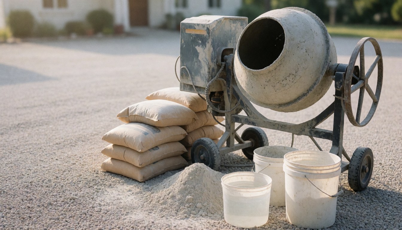 Concrete mixer on gravel with cement bags and water buckets, ideal for construction business backgrounds