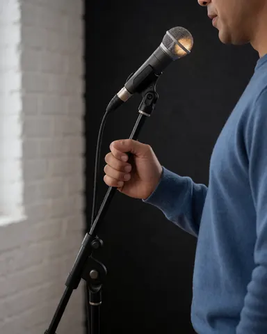 A person singing into a professional microphone in a music studio with white brick walls and warm lighting.
