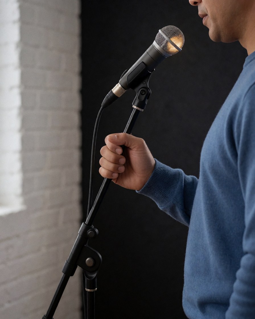A person singing into a professional microphone in a music studio with white brick walls and warm lighting.