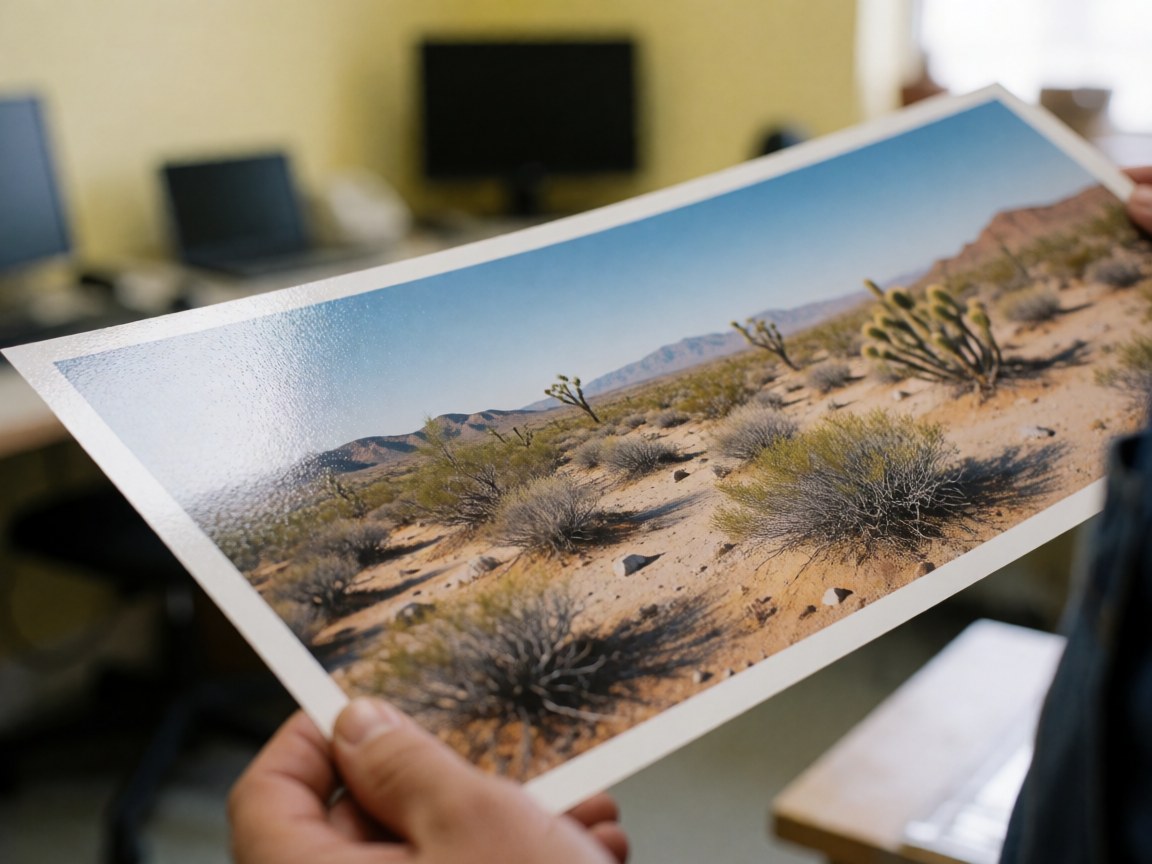 Hands holding a high-resolution glossy paper print of a desert landscape in a studio with yellow walls and photography equipment in the background
