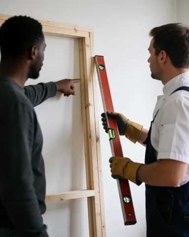 Carpenter using a level to measure a wooden frame on a white wall during a home improvement project