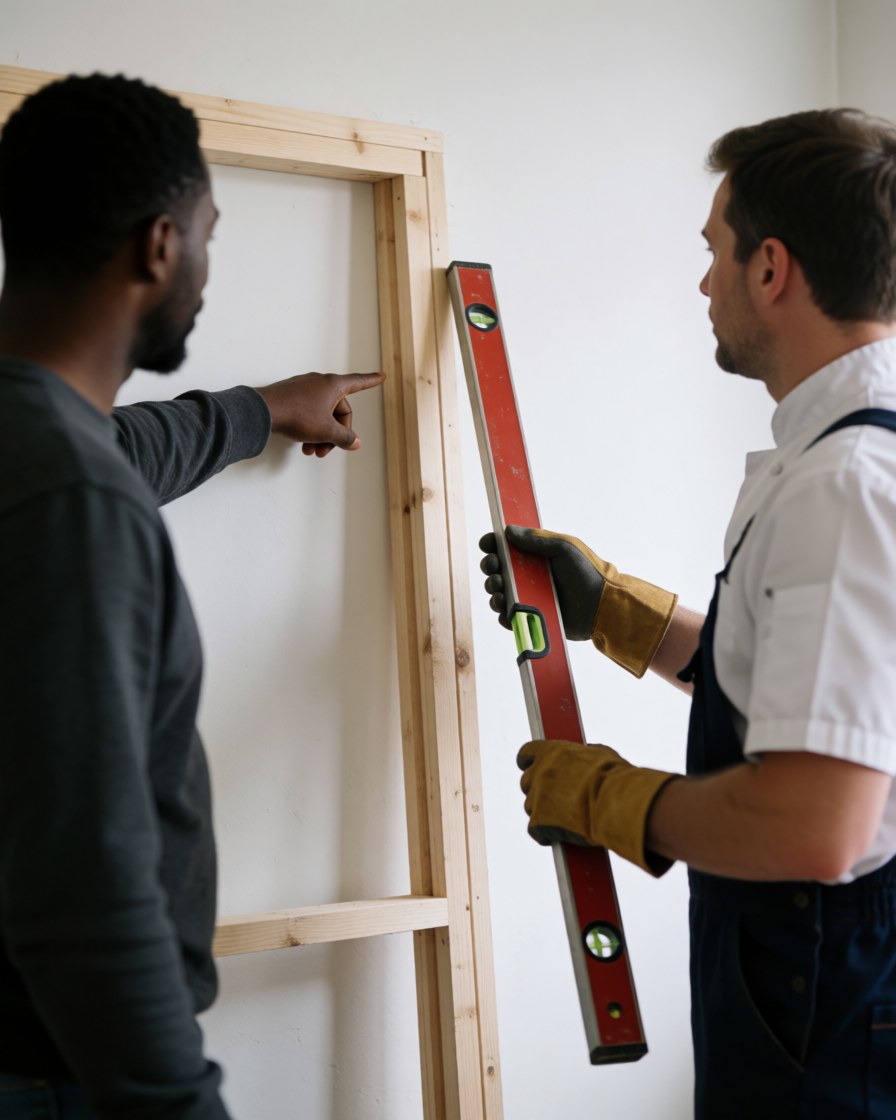 Carpenter using a level to measure a wooden frame on a white wall during a home improvement project