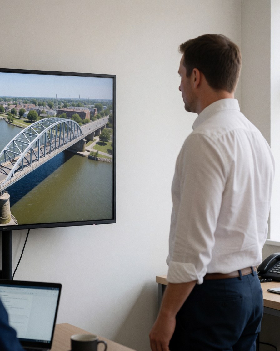 A man looks at an aerial photo of a bridge displayed on a large monitor in a modern white office.