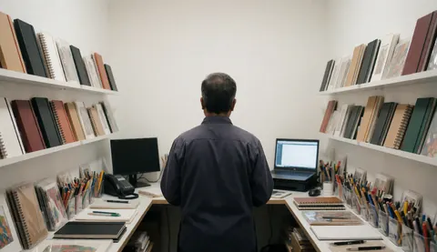 Back view of a man using a laptop in a stationery store with shelves full of notebooks and drawing supplies