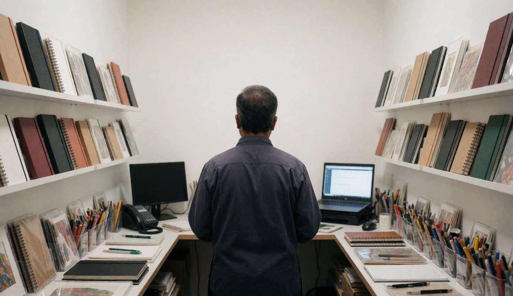 Back view of a man using a laptop in a stationery store with shelves full of notebooks and drawing supplies