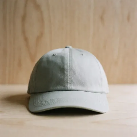 A light gray golf cap with visible stitching rests on a light wood surface with a blurred background.