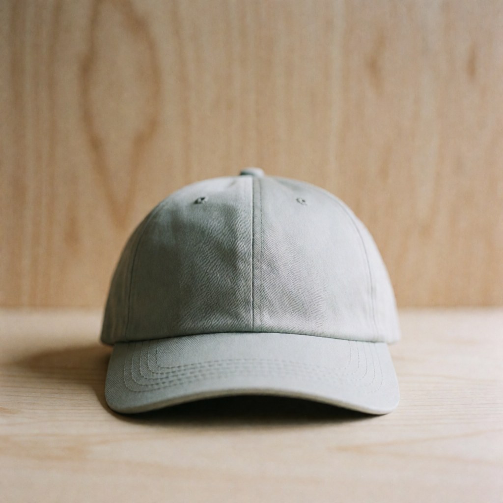 A light gray golf cap with visible stitching rests on a light wood surface with a blurred background.