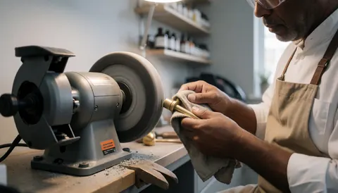 A professional polishing a bronze handle with a cloth near a bench grinder in a furniture repair workshop.