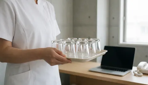 Therapist in white uniform holding a tray with glass cupping jars in a treatment room with concrete walls and natural light
