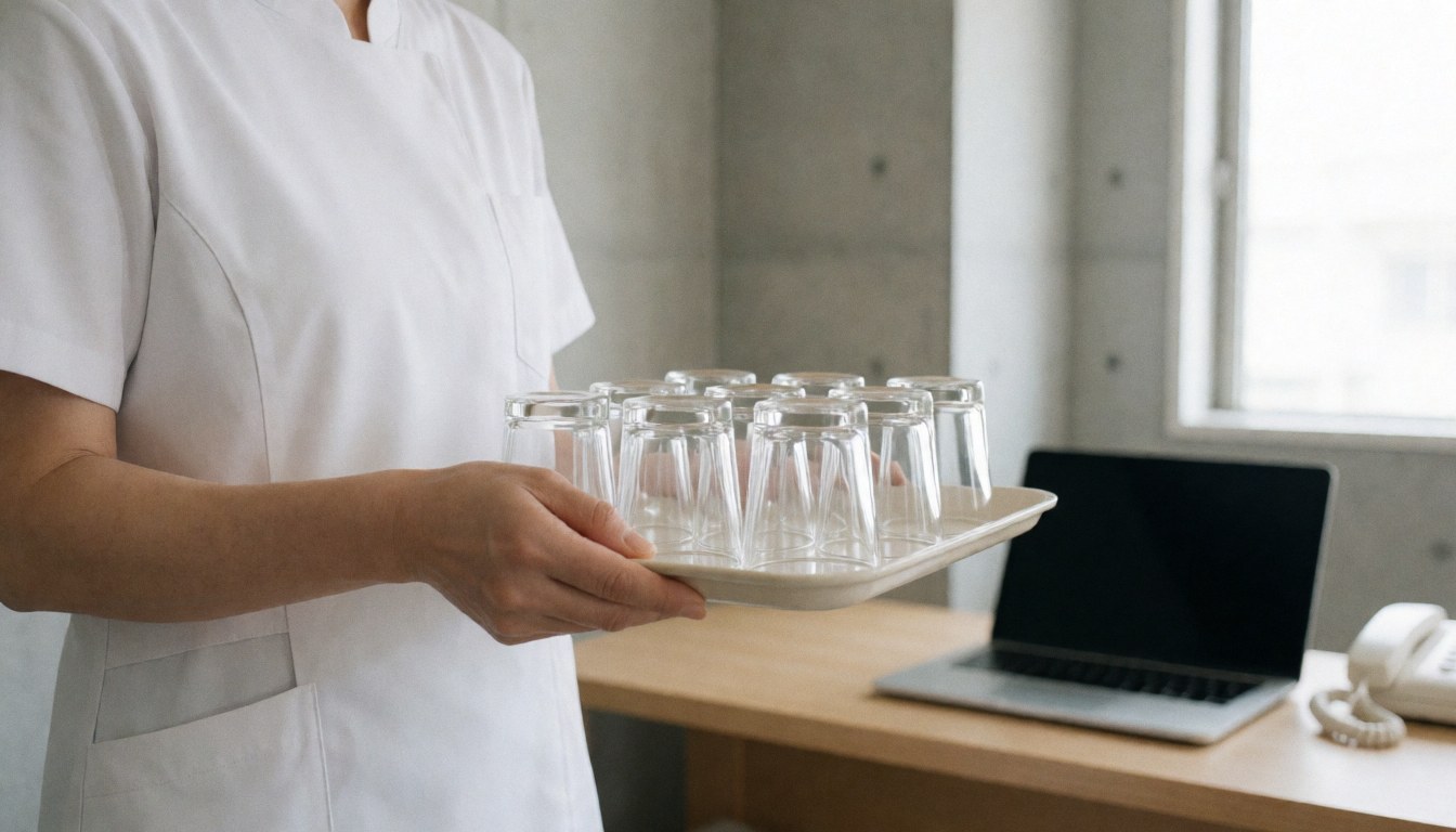 Therapist in white uniform holding a tray with glass cupping jars in a treatment room with concrete walls and natural light