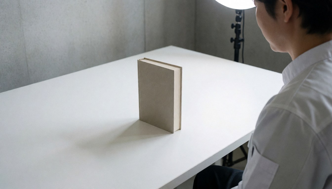Professional product photographer in a studio with a hardcover book on a white table and concrete wall, lit by studio light.