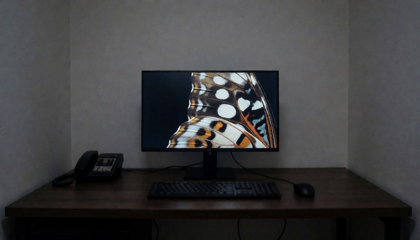 Dark desk with a monitor showing a macro butterfly image, suitable for a macro photographer's studio workspace