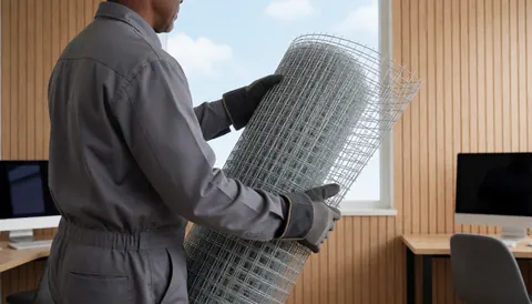 Roof repair technician holding a roll of galvanized mesh inside an office with wooden walls and windows.