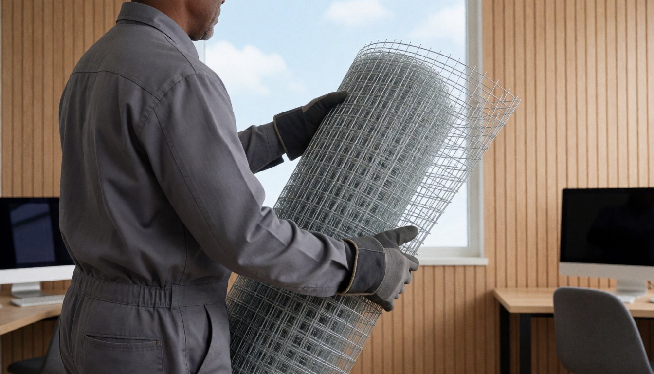 Roof repair technician holding a roll of galvanized mesh inside an office with wooden walls and windows.