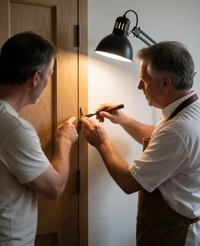 A craftsman carefully adjusting a wooden hinge in a workshop with white walls and natural lighting