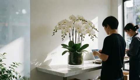 A white orchid displayed in a marble vitrine with two people working in the background, suitable for florist websites.