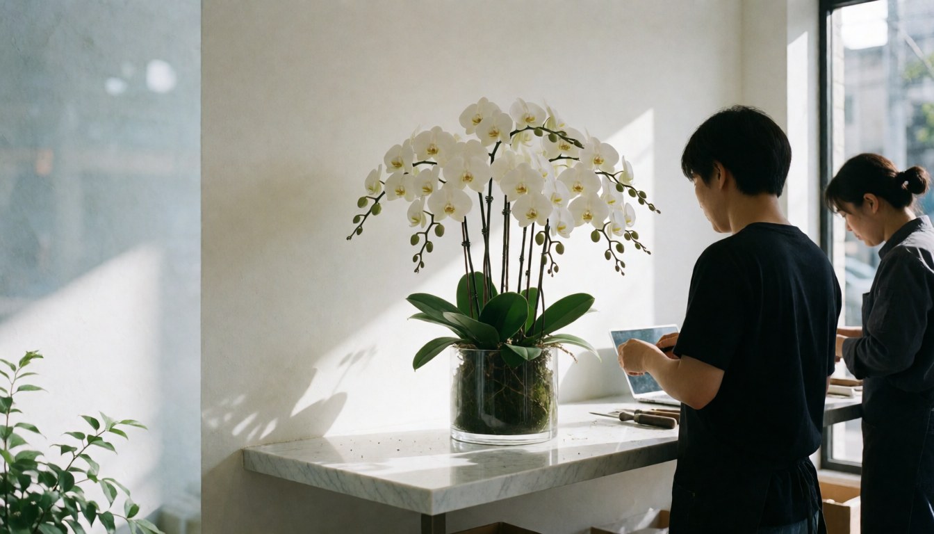 A white orchid displayed in a marble vitrine with two people working in the background, suitable for florist websites.