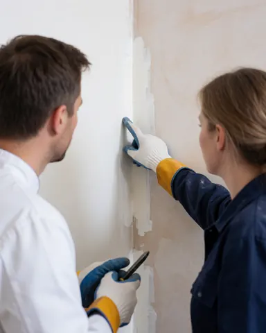 A woman wearing gloves points to a repaired section of a wall while a man holds a tool nearby during a realistic wall finishing scene.