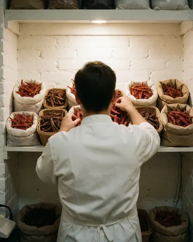 A professional arranging dried red and brown chiles on a shelf in a workshop with a white brick wall and practical lighting.