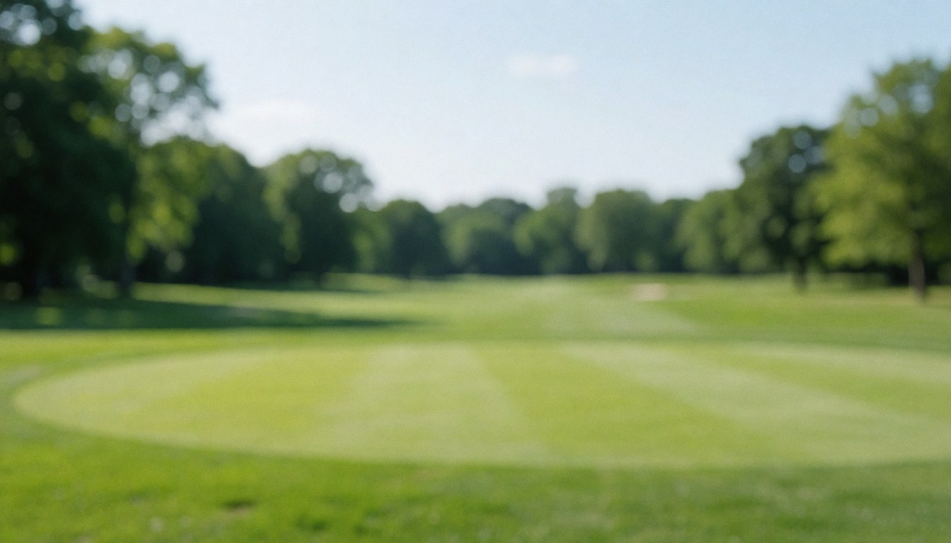 Out of focus green grass and distant trees on a golf course, providing a calm and professional backdrop for text overlays.