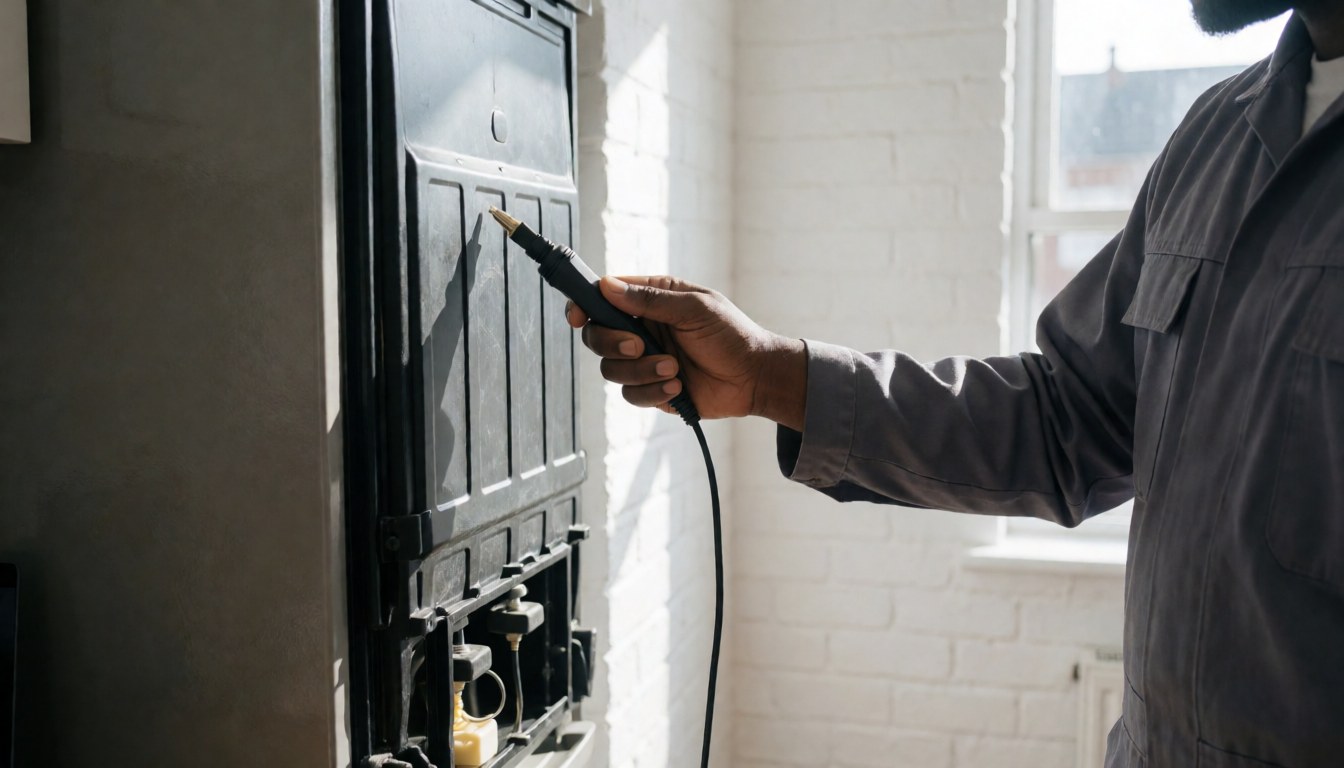 Technician in uniform checking a refrigerator sensor against a white brick wall with natural light