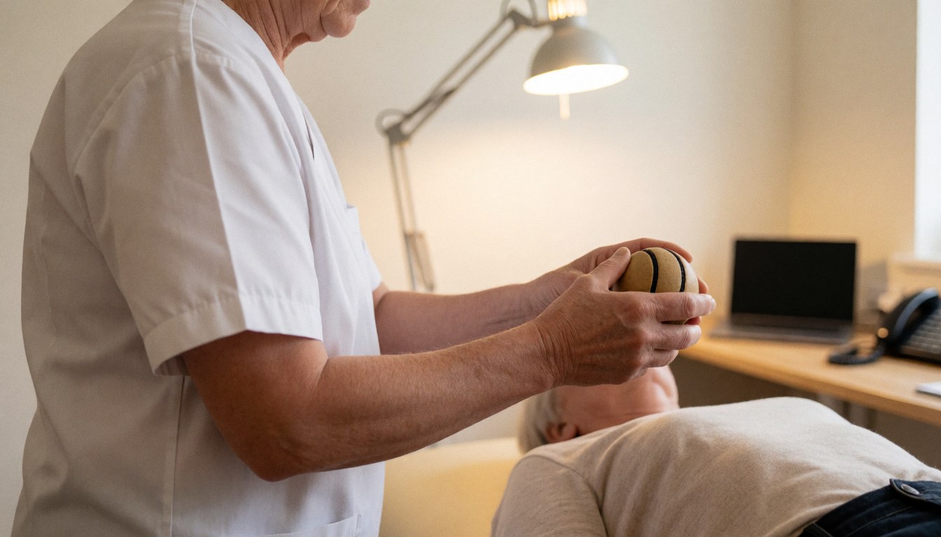 A physiotherapist in a white uniform holds a massage ball over a client lying on a treatment table in a clinic with warm lighting and white walls.