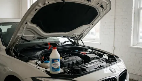 White car with open hood showing clean engine and cleaning pump in compartment, in workshop with white brick walls and natural light