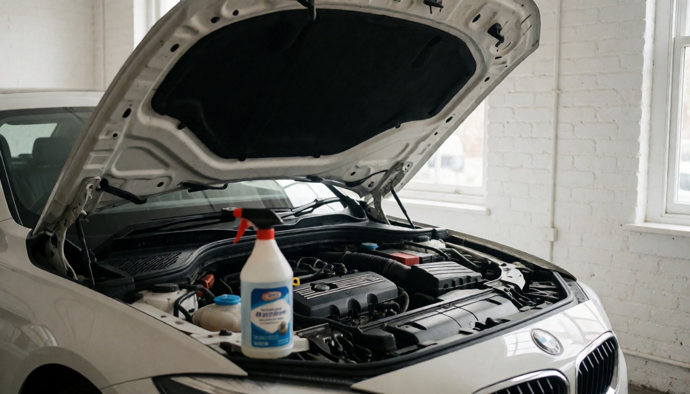 White car with open hood showing clean engine and cleaning pump in compartment, in workshop with white brick walls and natural light