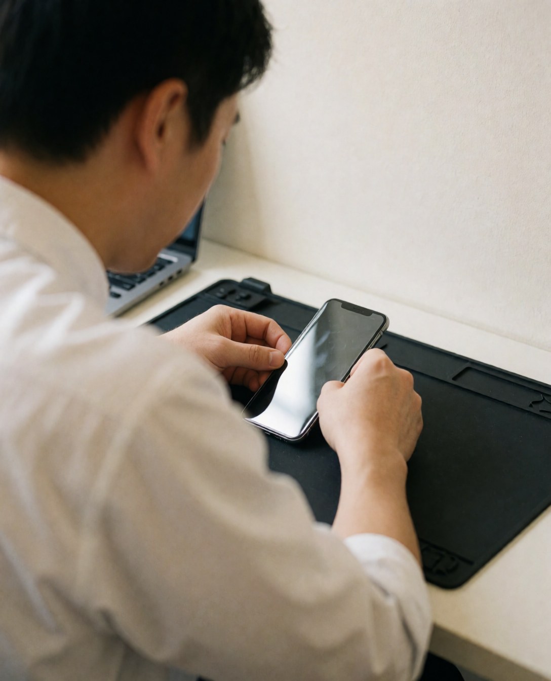 Close-up of a technician carefully applying a screen protector to a smartphone during a repair service