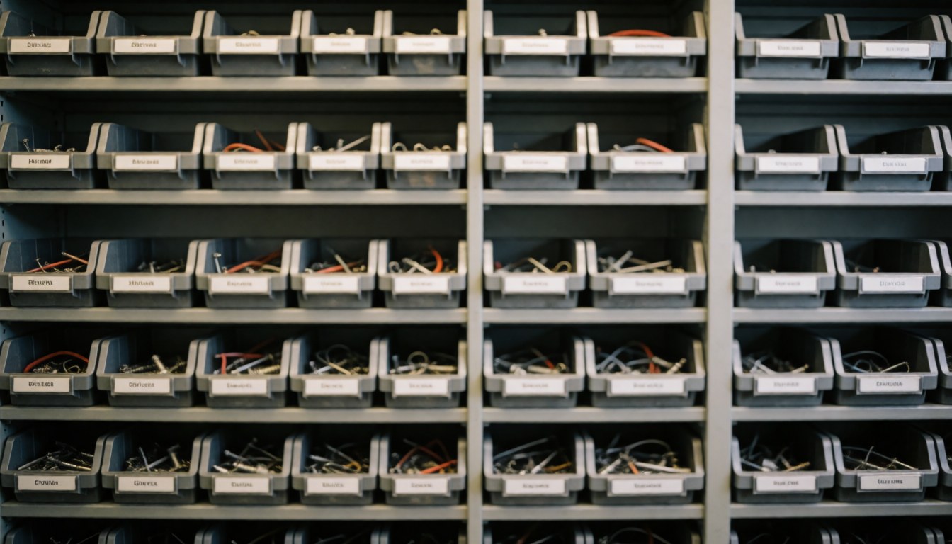 Shelves holding organized boxes of electronic components and screws for console repair, providing a professional neutral background for text.