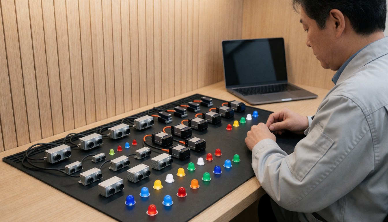 Technician assembling ultrasonic sensors and LEDs on a workbench with a wooden wall background.